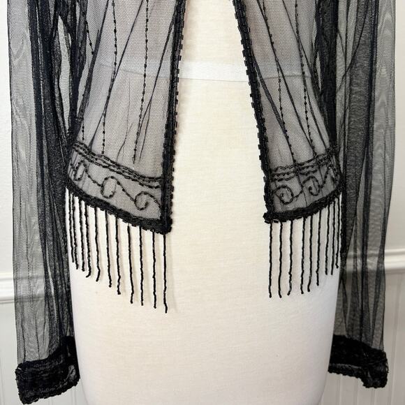 Beaded Fringe Mesh Cardigan Sheer Boho Whimsigoth Goth Witchy Party Cocktail - Picture 4 of 14